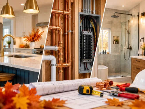 Fall home remodeling featuring kitchen and bathroom upgrades, exposed plumbing pipes, an electrical panel, and renovation tools.