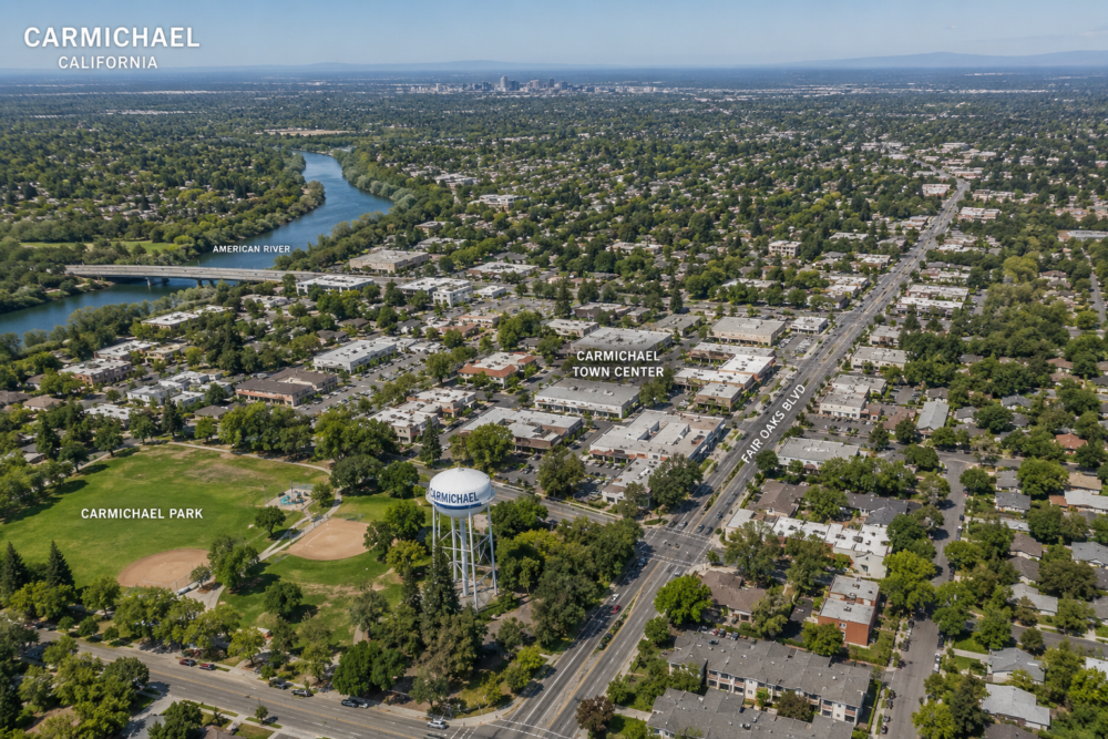 Aerial view of Carmichael, California, showcasing tree-lined residential neighborhoods, local businesses, Carmichael Park, and the American River winding through the community on a clear, sunny day.
