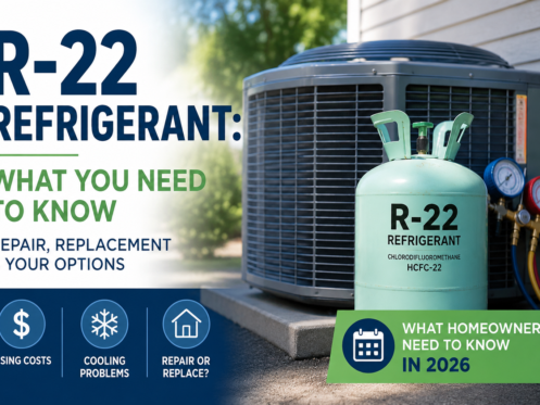 R-22 refrigerant cylinder positioned beside a residential outdoor air conditioning unit, illustrating refrigerant phaseout concerns, rising repair costs, cooling problems, and AC replacement options for homeowners in 2026.